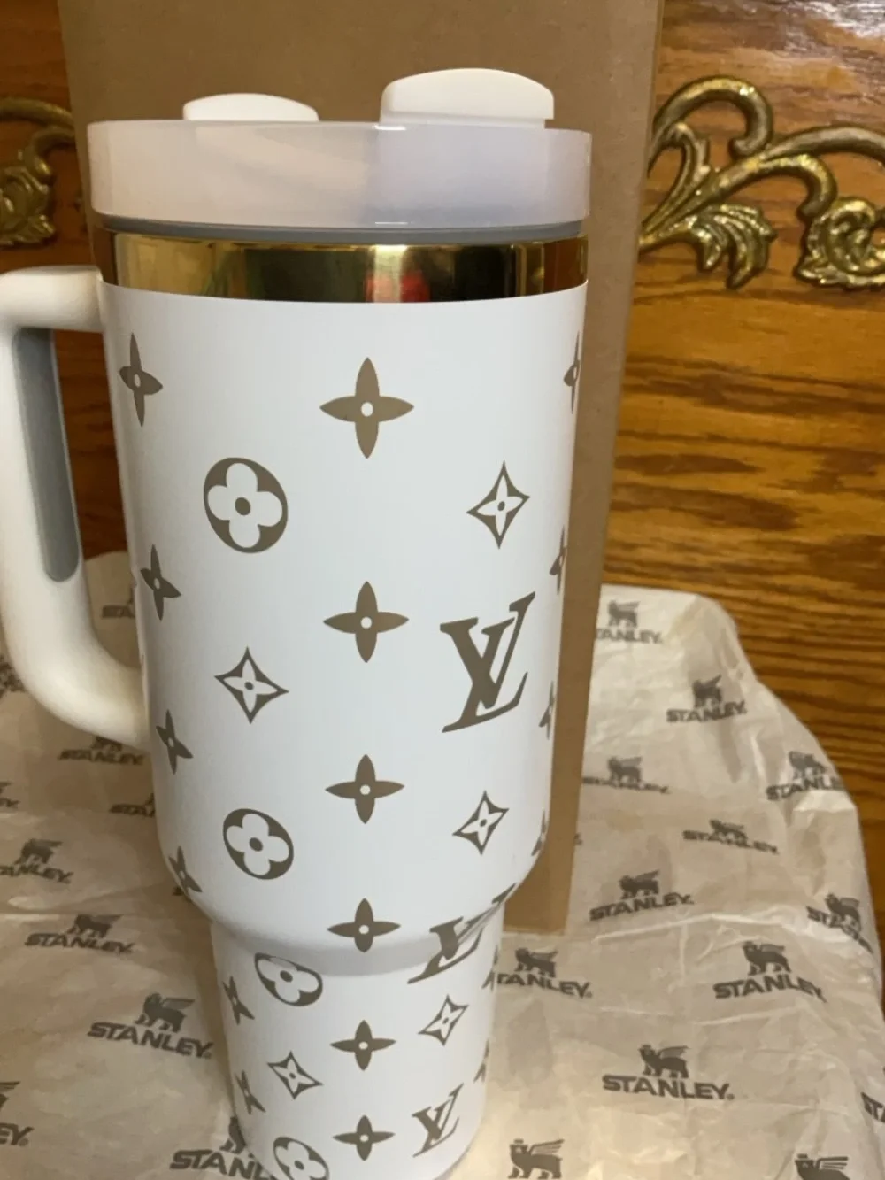 Stanley White Travel Mug with Gold Monogram Accents - Picture 4 of 6